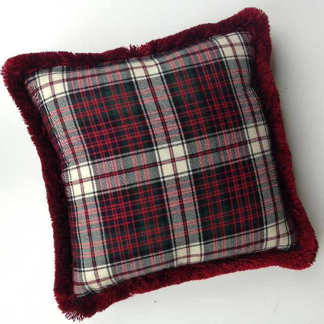 CUSHION, Tartan - Red Black & White w Fringe